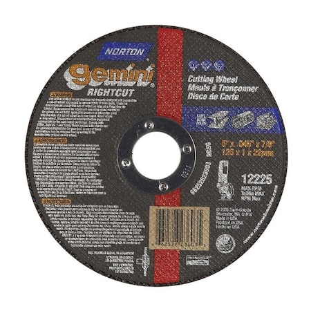 Norton Co Right Angle Cut-Off Blade Type 1 Metal-Gemini Aluminum Oxide, 5 x .045 x 7/8, Max RPM: 12225 662528-23603